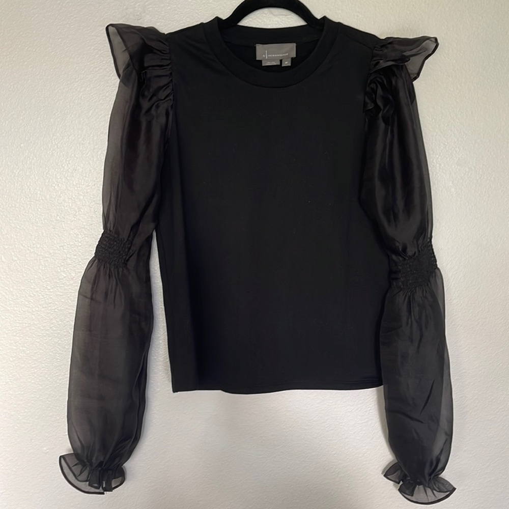 Ruffled black sheer Puff-Sleeve Blouse. Size S. Anthropologie